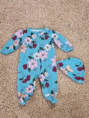 Carter's Turquoise Floral Footed One-Piece with Matching Hat